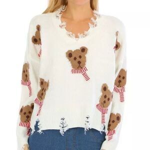 No Comment Frayed Bear Scarf Sweater Size M New